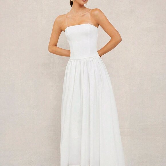 White Boho Women's Beach Vacation Long Dress With Bandeau Top - Picture 1 of 7